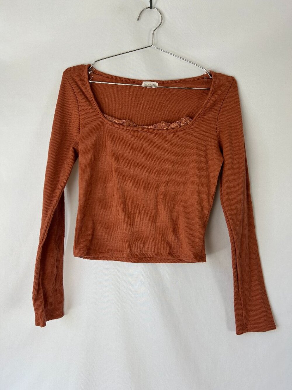 Heart & Hips Ribbed Cropped Long sleeve Lace Trim Y2K Top L